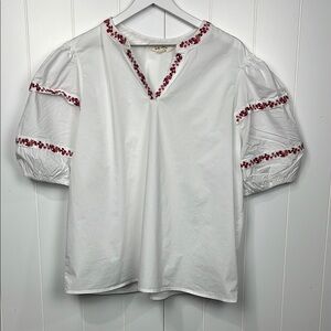 Linda Anderson Womans Peasant Top XL White Red Floral Embroidery VNeck Cool EUC
